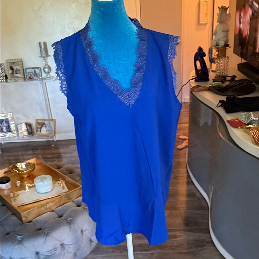 Blue Lace Trim Sleeveless Top